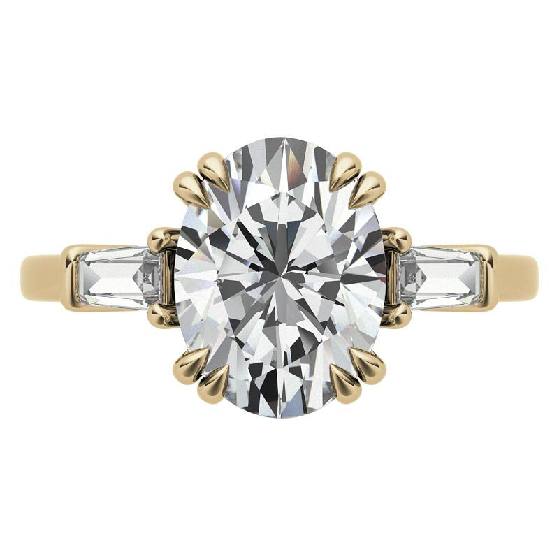 Oval Moissanite Tapered Baguette Double Claw Prong Engagement Ring