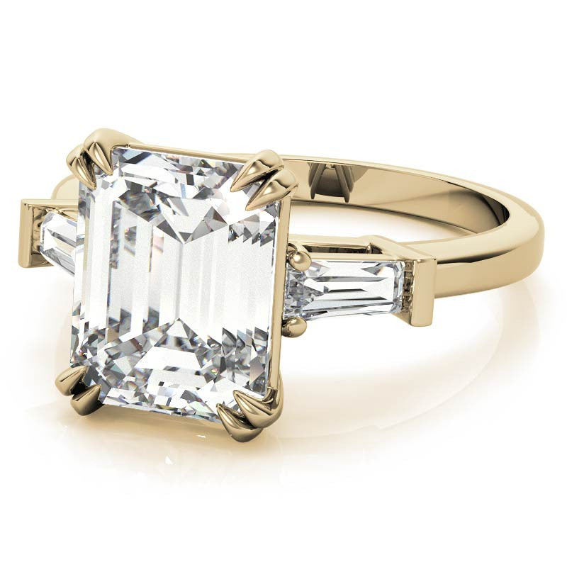 Emerald / Radiant Moissanite Tapered Baguette Double Claw Prong Engagement Ring