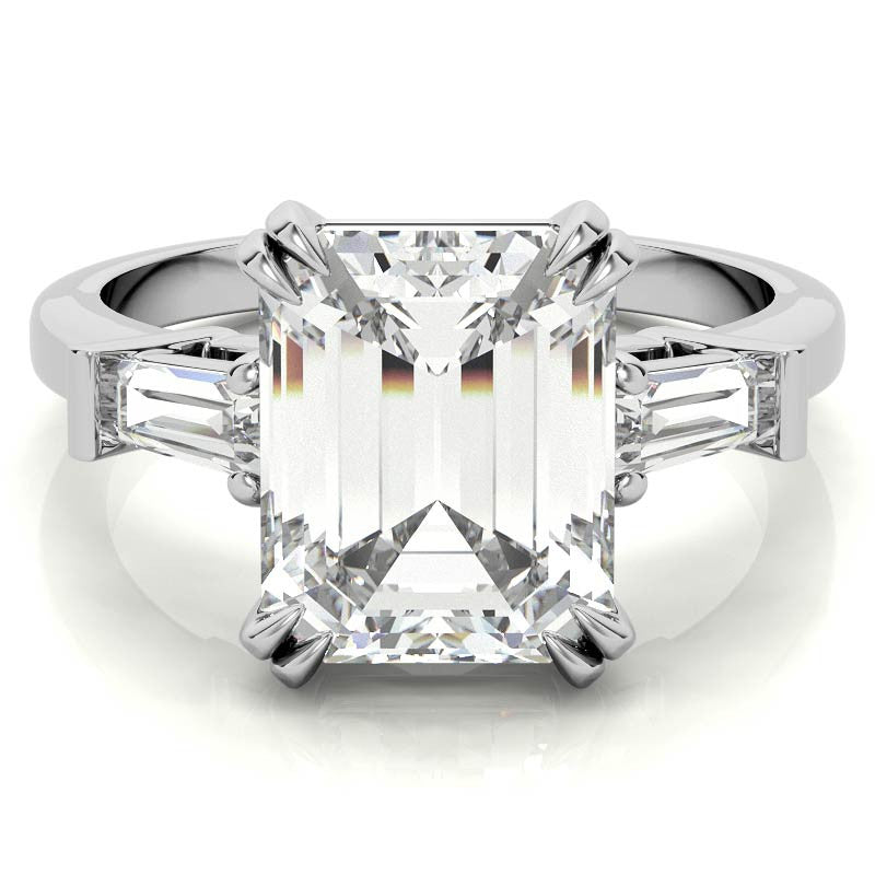 Emerald / Radiant Moissanite Tapered Baguette Double Claw Prong Engagement Ring