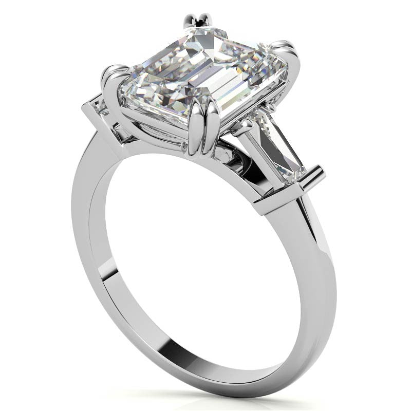 Emerald / Radiant Moissanite Tapered Baguette Double Claw Prong Engagement Ring