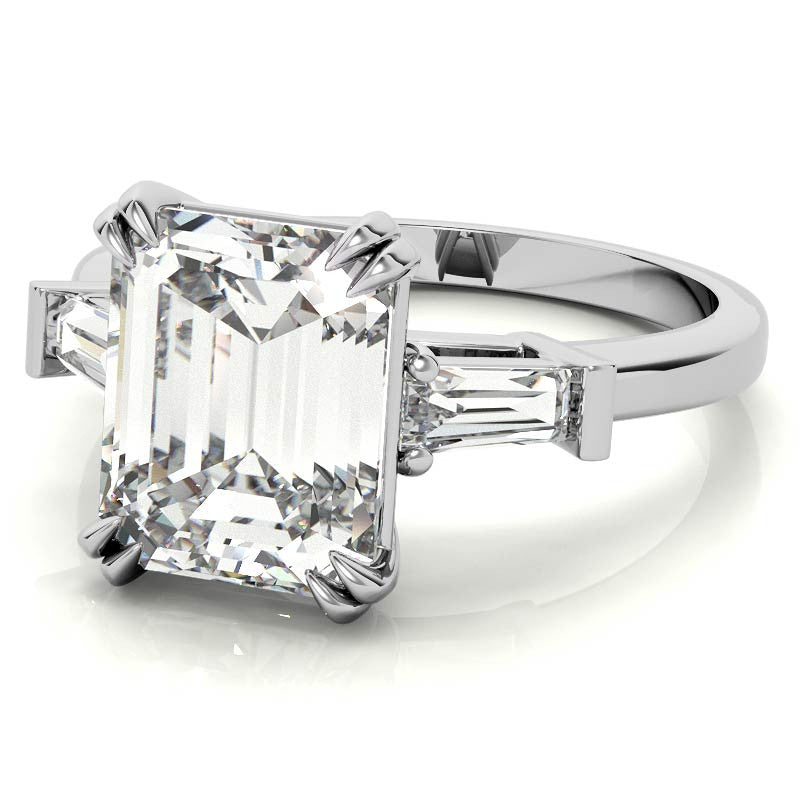Emerald / Radiant Moissanite Tapered Baguette Double Claw Prong Engagement Ring