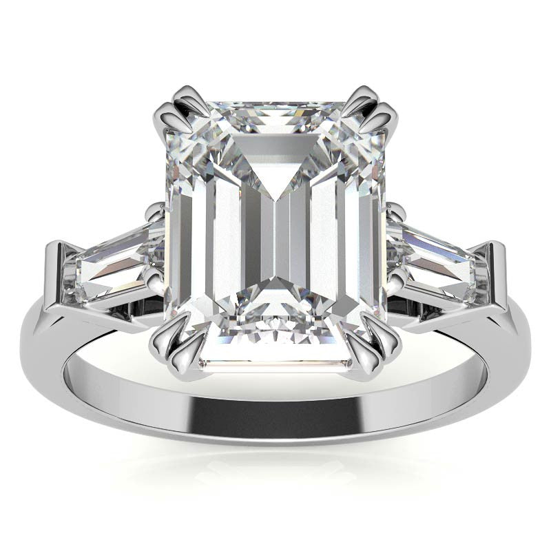 Emerald / Radiant Moissanite Tapered Baguette Double Claw Prong Engagement Ring