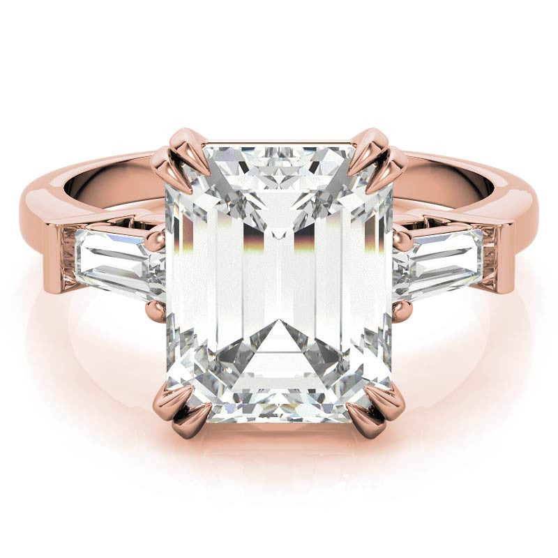 Emerald / Radiant Moissanite Tapered Baguette Double Claw Prong Engagement Ring