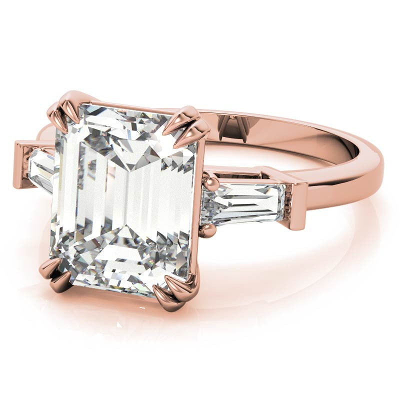 Emerald / Radiant Moissanite Tapered Baguette Double Claw Prong Engagement Ring