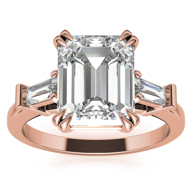 Emerald / Radiant Moissanite Tapered Baguette Double Claw Prong Engagement Ring