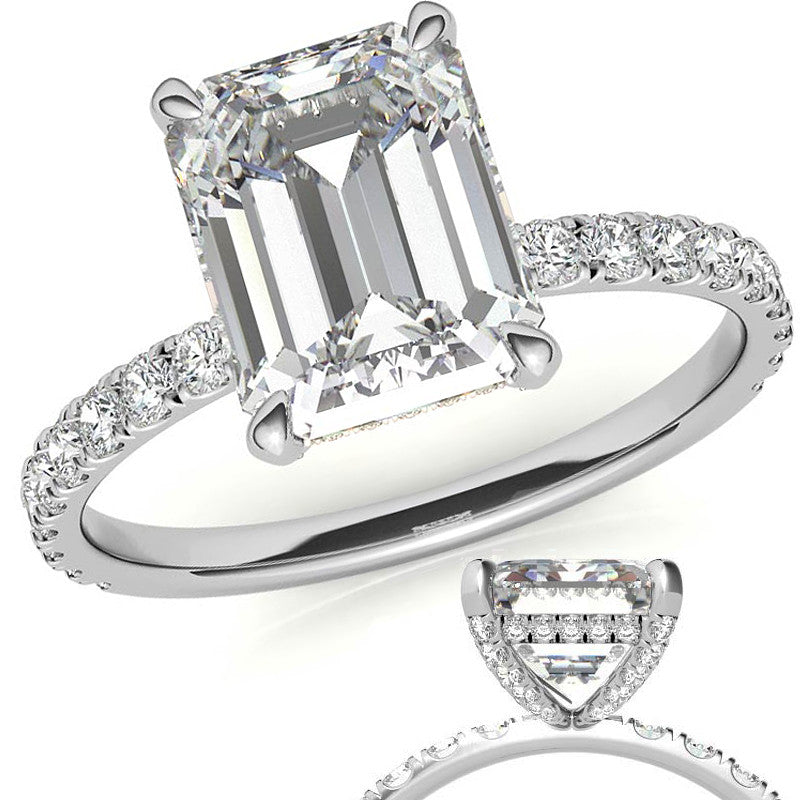 Emerald / Radiant Moissanite Diamond Pave Basket Engagement Ring