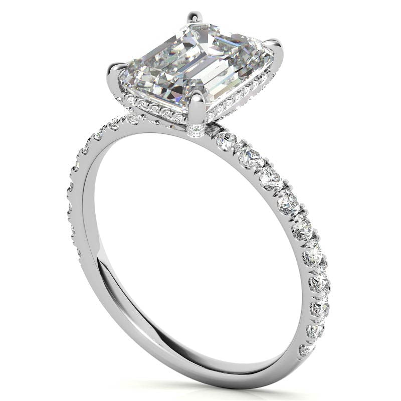 Emerald / Radiant Moissanite Diamond Pave Basket Engagement Ring