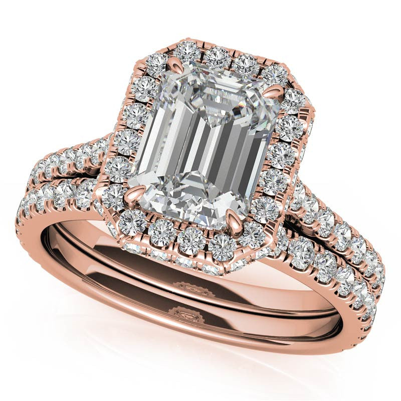 Emerald / Radiant Moissanite Double Halo Engagement Ring