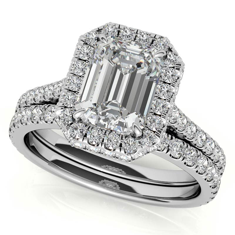Emerald / Radiant Moissanite Double Halo Engagement Ring