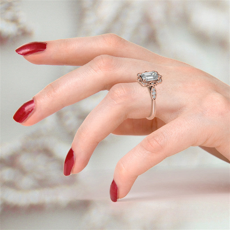Antique Vintage Style Halo Emerald / Radiant Moissanite Engagement Ring