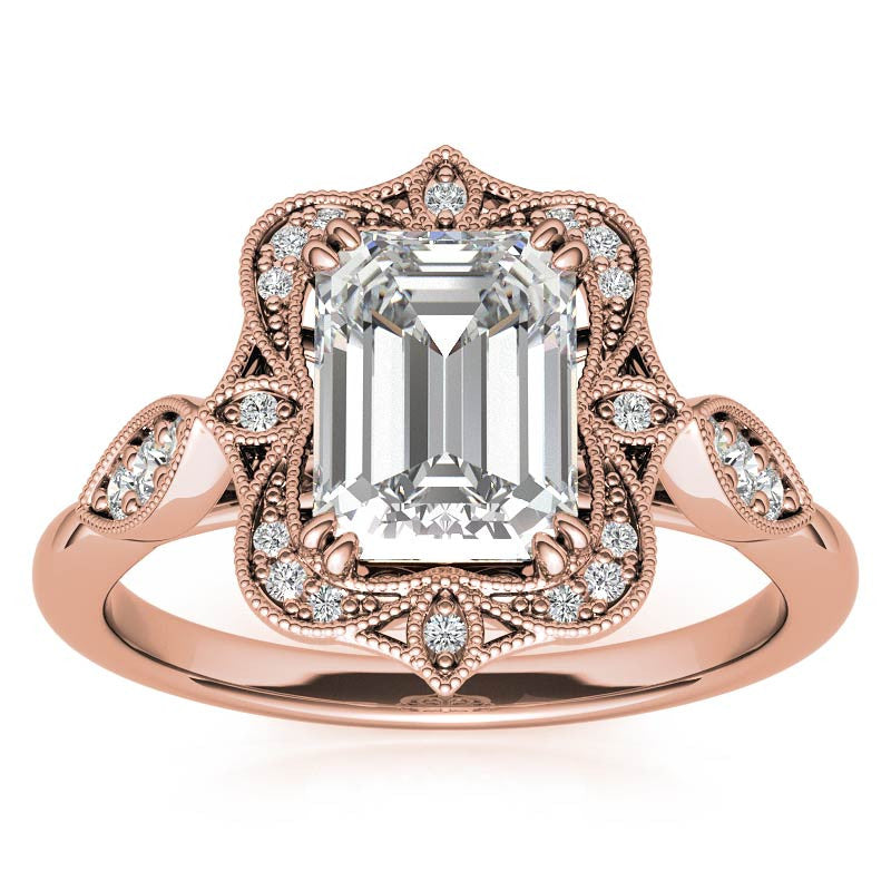Antique Vintage Style Halo Emerald / Radiant Moissanite Engagement Ring