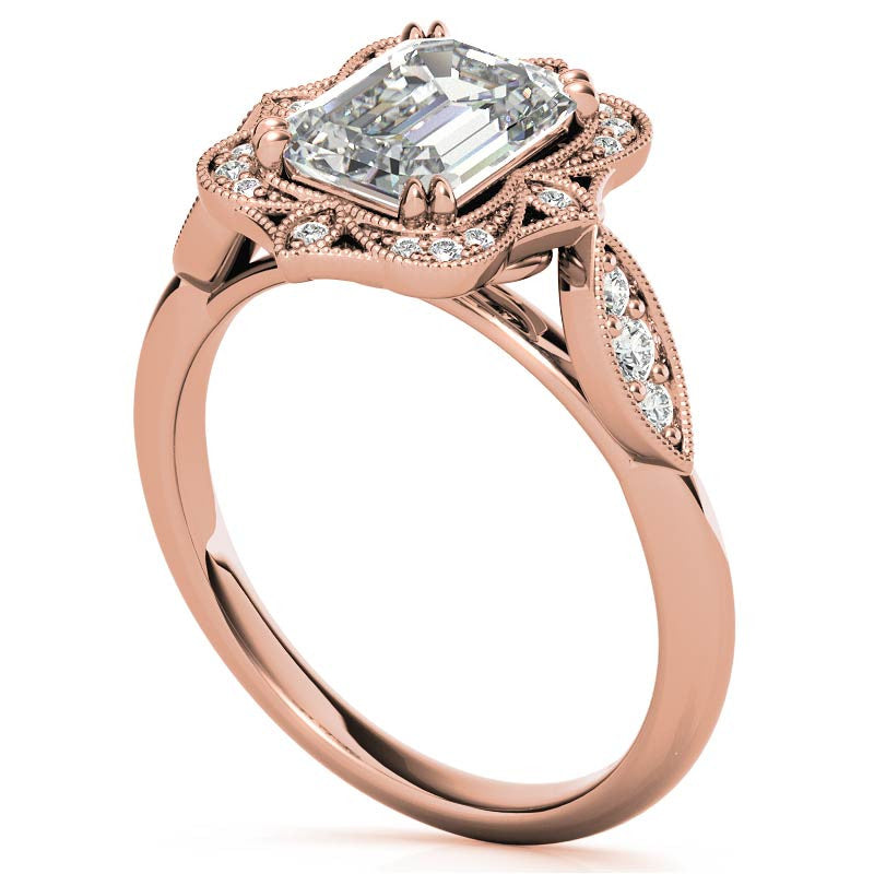 Antique Vintage Style Halo Emerald / Radiant Moissanite Engagement Ring