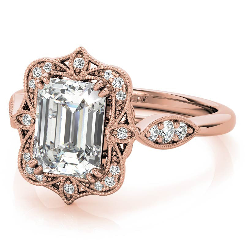 Antique Vintage Style Halo Emerald / Radiant Moissanite Engagement Ring