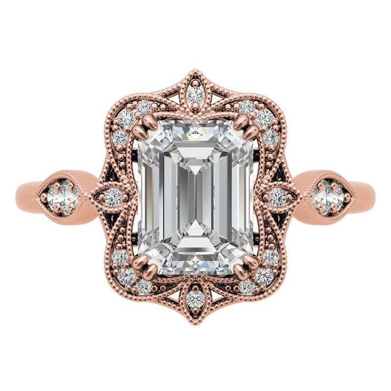 Antique Vintage Style Halo Emerald / Radiant Moissanite Engagement Ring