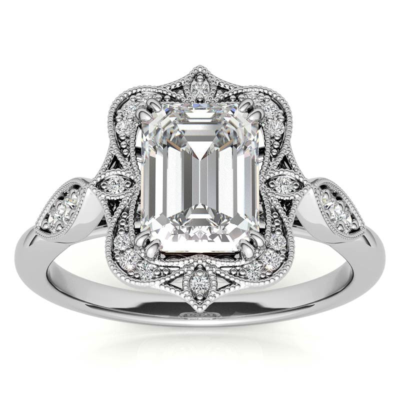 Antique Vintage Style Halo Emerald / Radiant Moissanite Engagement Ring