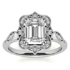 Antique Vintage Style Halo Emerald / Radiant Moissanite Engagement Ring