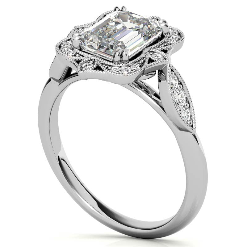 Antique Vintage Style Halo Emerald / Radiant Moissanite Engagement Ring