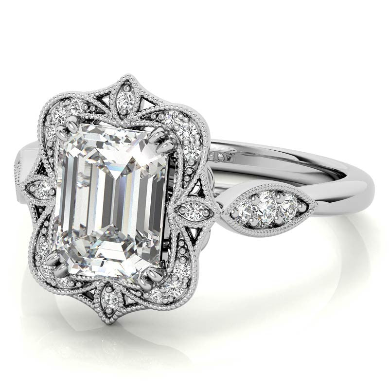 Antique Vintage Style Halo Emerald / Radiant Moissanite Engagement Ring