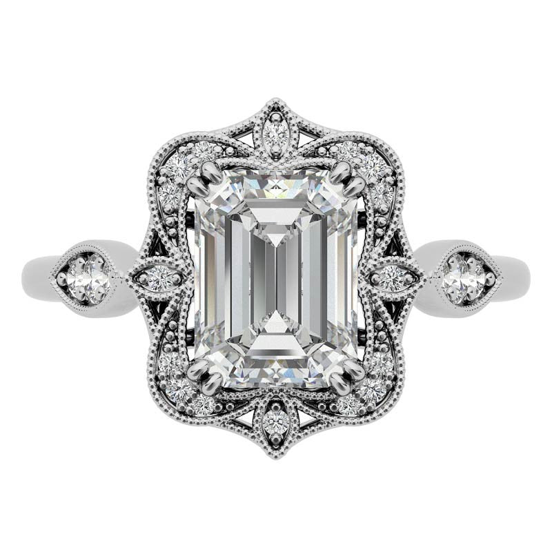 Antique Vintage Style Halo Emerald / Radiant Moissanite Engagement Ring