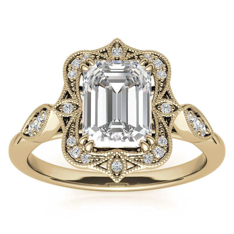 Antique Vintage Style Halo Emerald / Radiant Moissanite Engagement Ring
