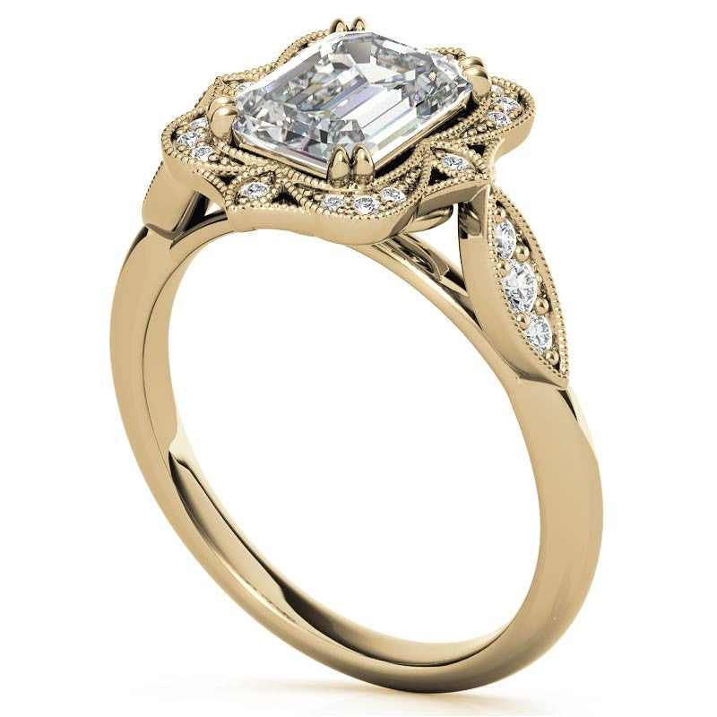 Antique Vintage Style Halo Emerald / Radiant Moissanite Engagement Ring