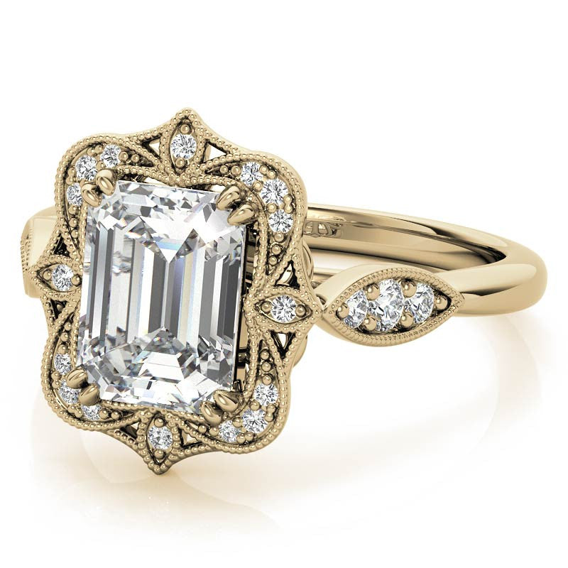 Antique Vintage Style Halo Emerald / Radiant Moissanite Engagement Ring