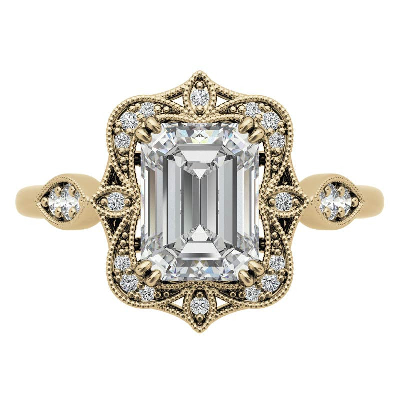 Antique Vintage Style Halo Emerald / Radiant Moissanite Engagement Ring