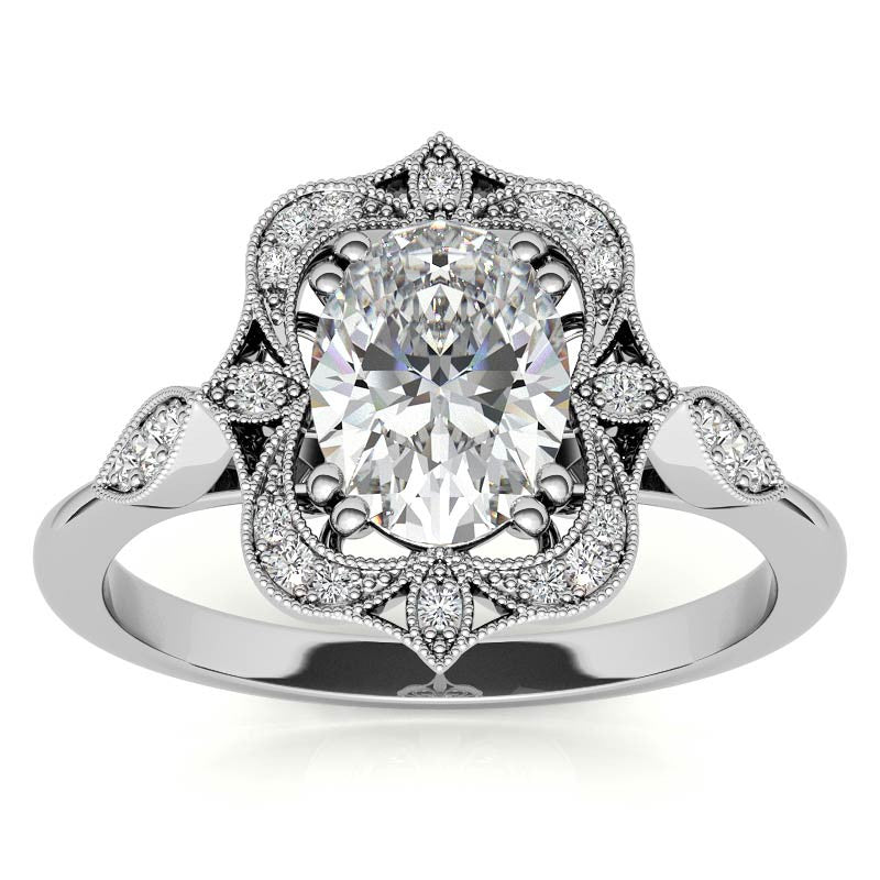 Antique Vintage Style Halo Oval Moissanite Engagement Ring