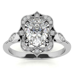 Antique Vintage Style Halo Oval Moissanite Engagement Ring