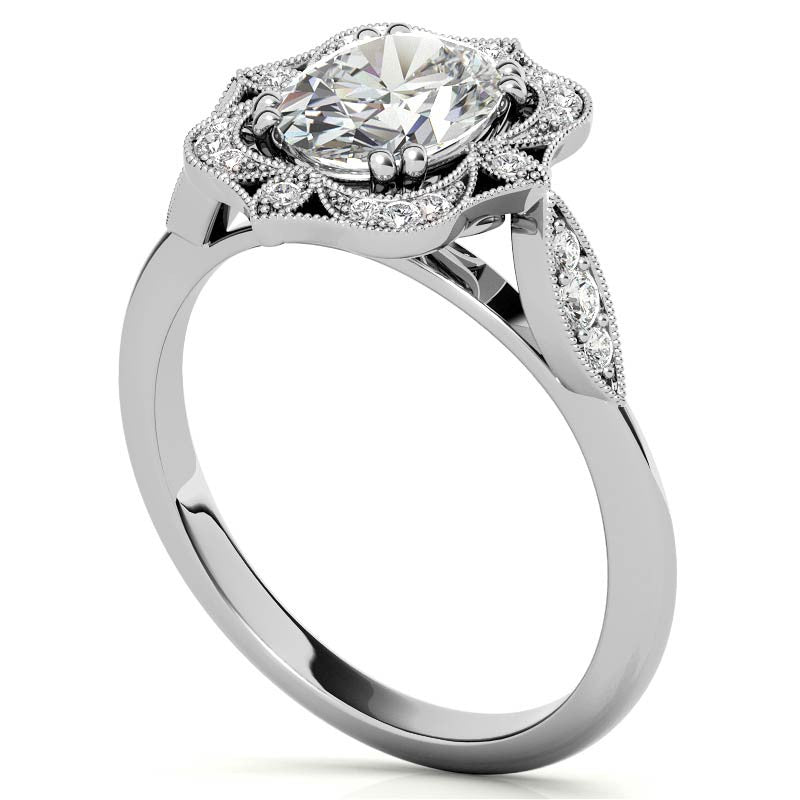 Antique Vintage Style Halo Oval Moissanite Engagement Ring