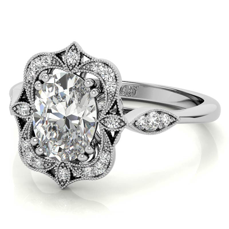 Antique Vintage Style Halo Oval Moissanite Engagement Ring