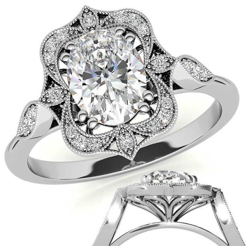 Antique Vintage Style Halo Oval Moissanite Engagement Ring