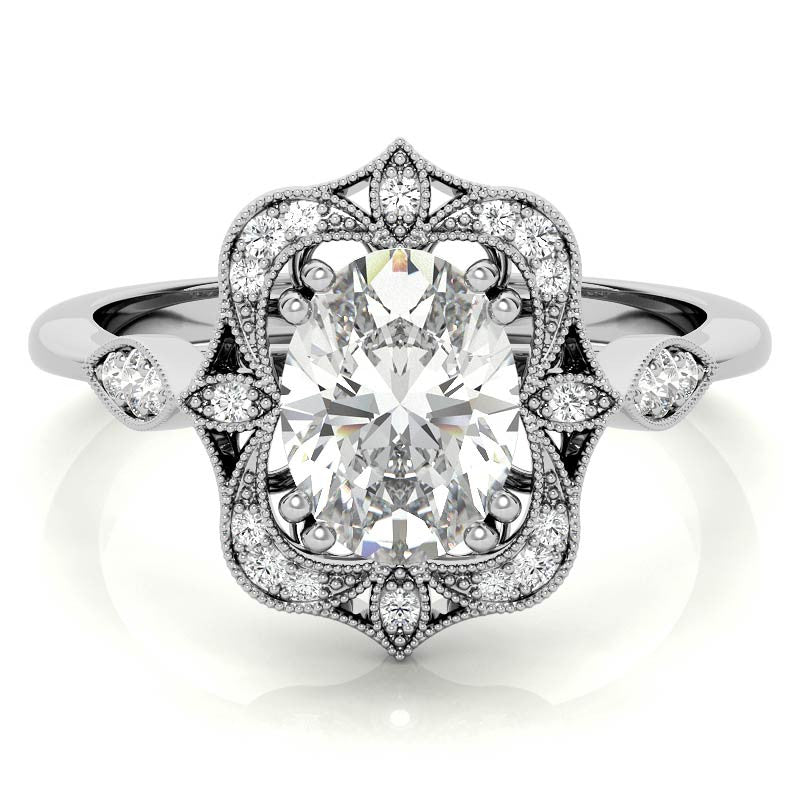 Antique Vintage Style Halo Oval Moissanite Engagement Ring