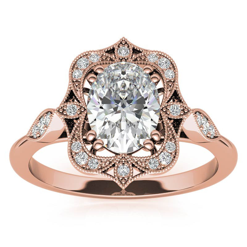 Antique Vintage Style Halo Oval Moissanite Engagement Ring