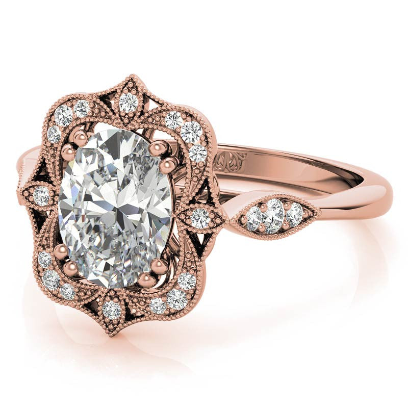 Antique Vintage Style Halo Oval Moissanite Engagement Ring