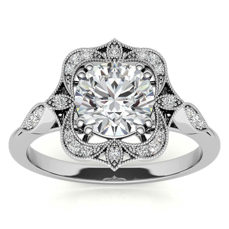 Unique Halo Round Brilliant Moissanite Engagement Ring