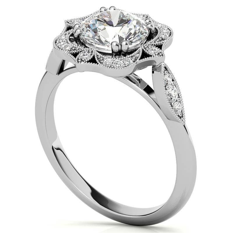 Unique Halo Round Brilliant Moissanite Engagement Ring
