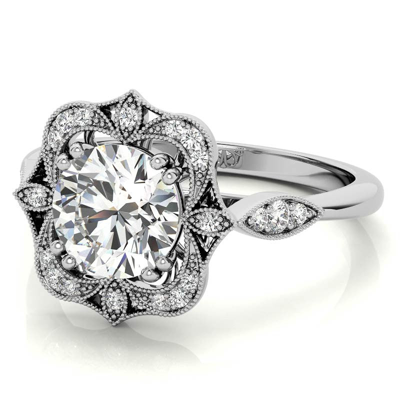 Unique Halo Round Brilliant Moissanite Engagement Ring