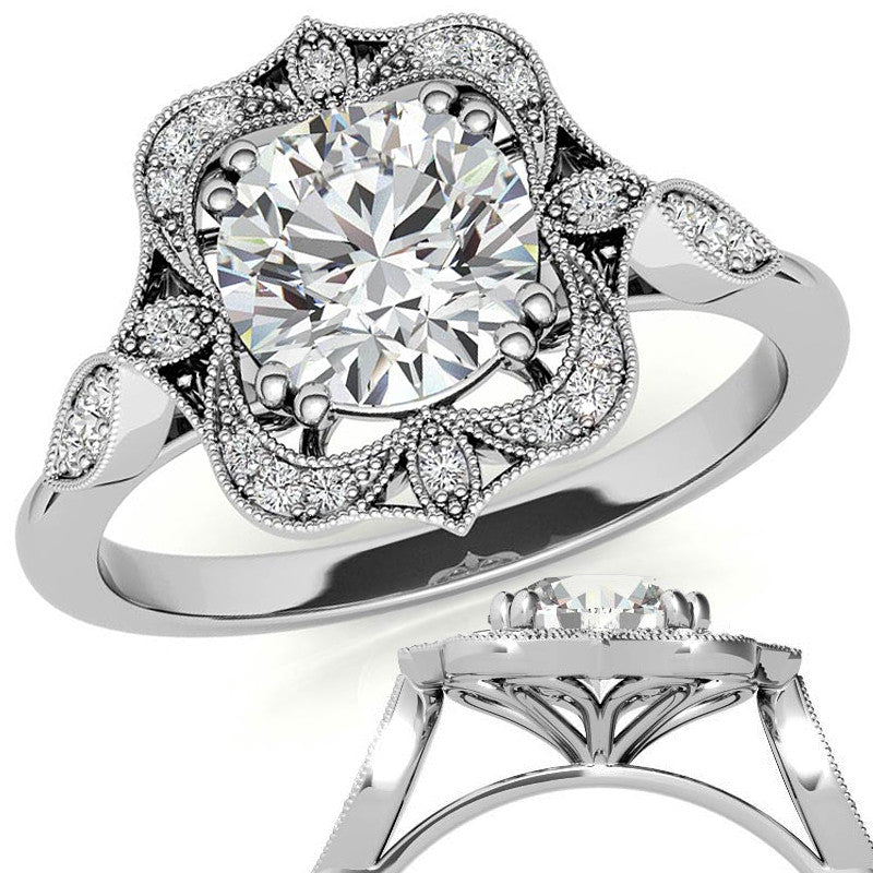 Unique Halo Round Brilliant Moissanite Engagement Ring