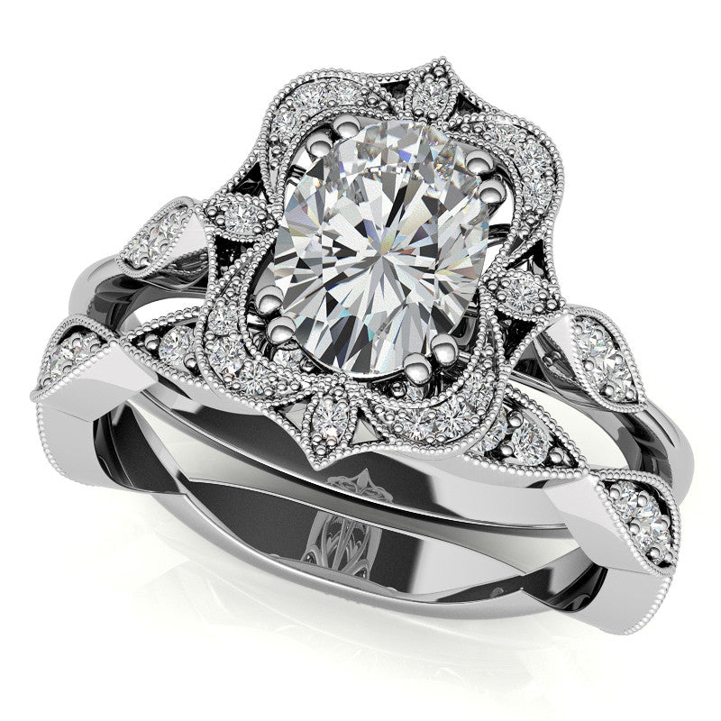 Antique Vintage Style Halo Oval Moissanite Engagement Ring