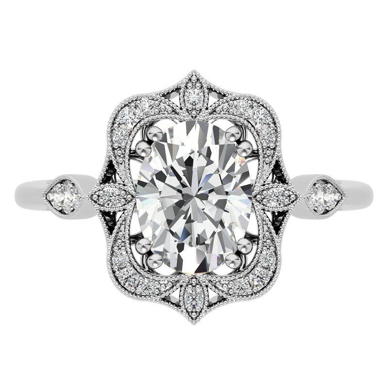 Antique Vintage Style Halo Oval Moissanite Engagement Ring