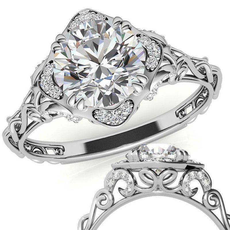 Antique Scroll Halo Round Moissanite Engagement Ring