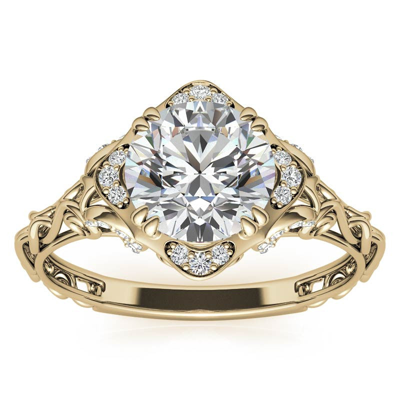 Antique Scroll Halo Round Moissanite Engagement Ring