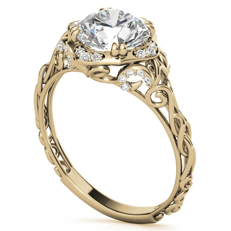 Antique Scroll Halo Round Moissanite Engagement Ring