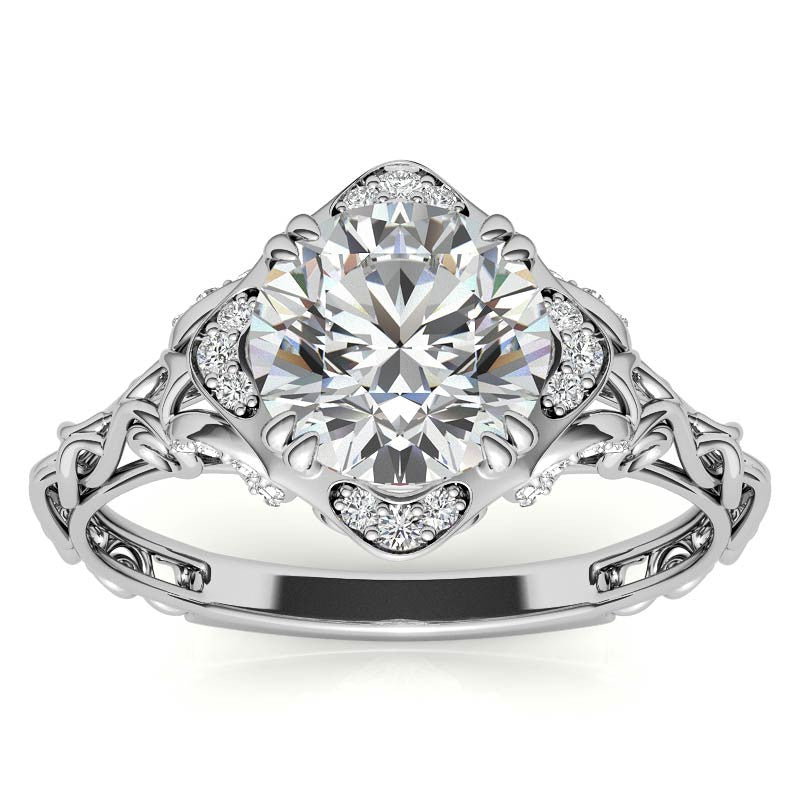 Antique Scroll Halo Round Moissanite Engagement Ring