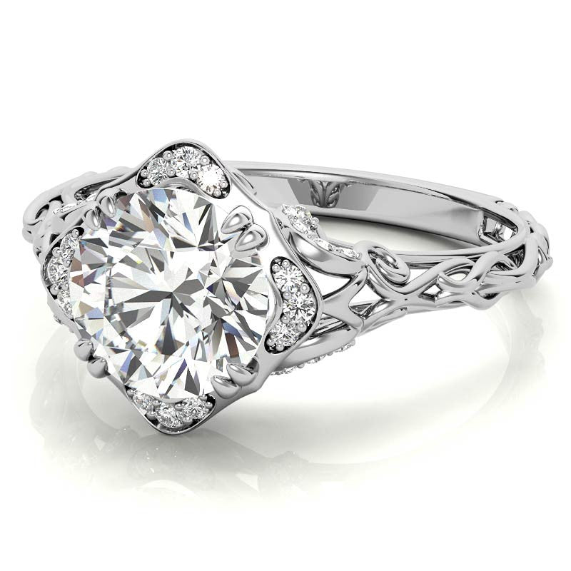 Antique Scroll Halo Round Moissanite Engagement Ring