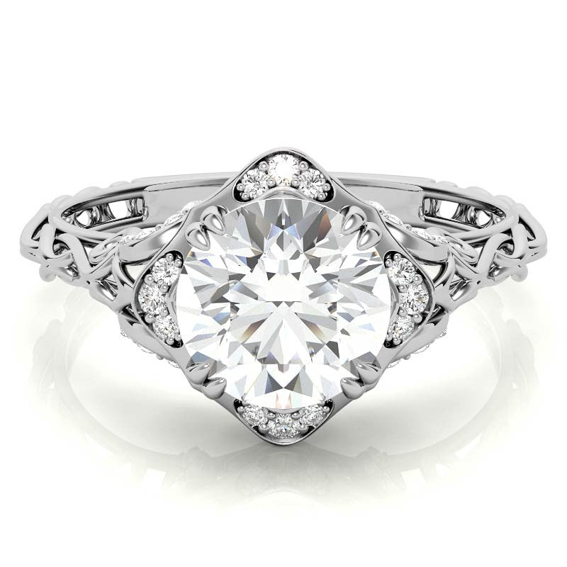 Antique Scroll Halo Round Moissanite Engagement Ring