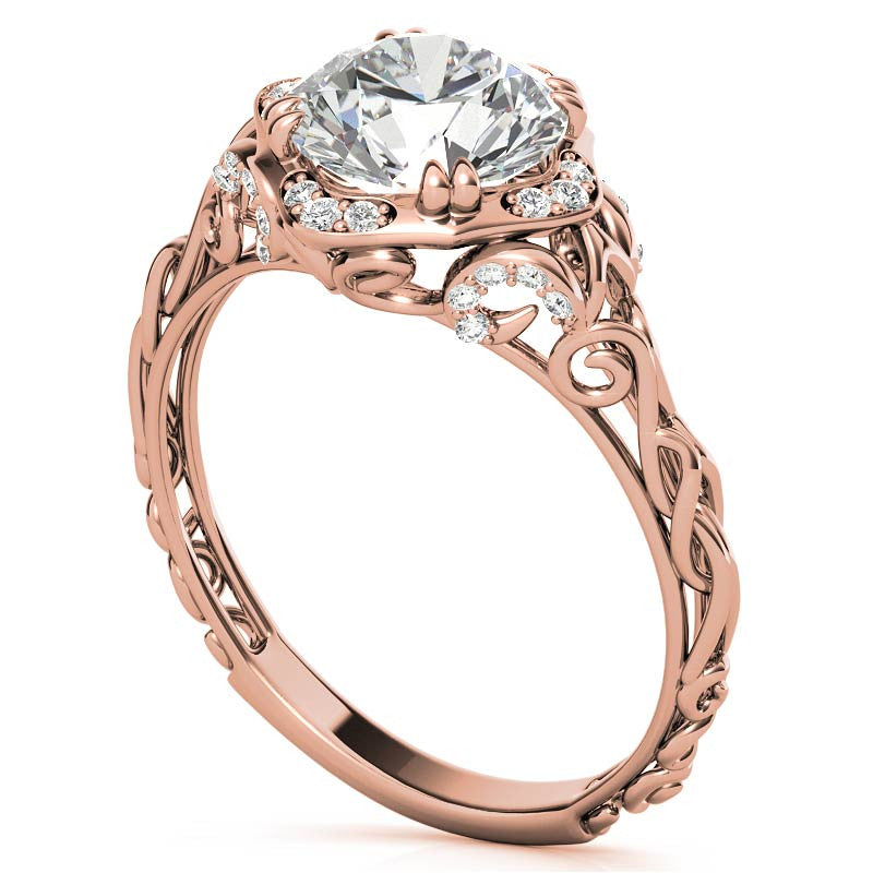 Antique Scroll Halo Round Moissanite Engagement Ring