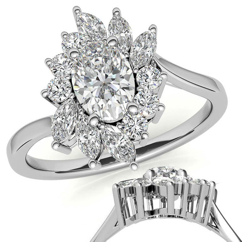 Oval Engagement Ring with Marquise & Round Halo