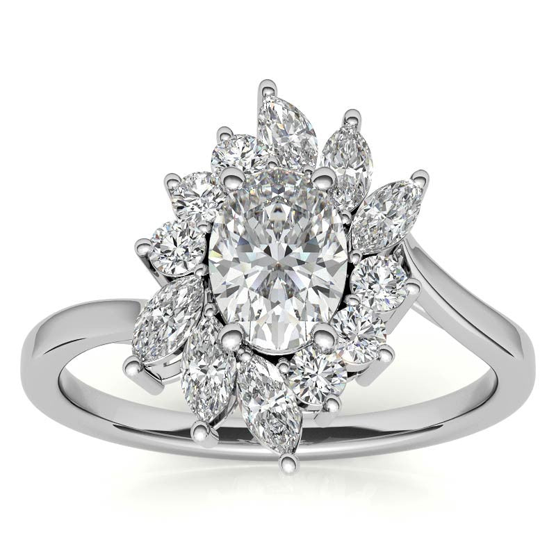 Oval Engagement Ring with Marquise & Round Halo